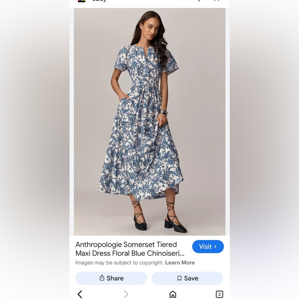 Anthropologie Blue and White Floral Midi Dress